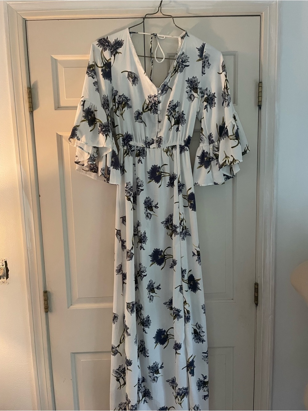 Floral White Maxi Dress with Grey Blue Print- Flowers